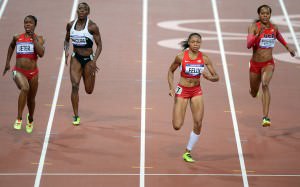 The top four runners in the women’s 200m final battling in the final meters of the race.